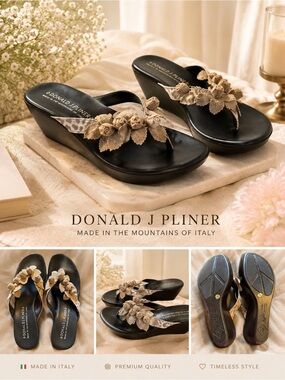 Donald J Pliner Black Wedge Sandals with Beige Floral Accents